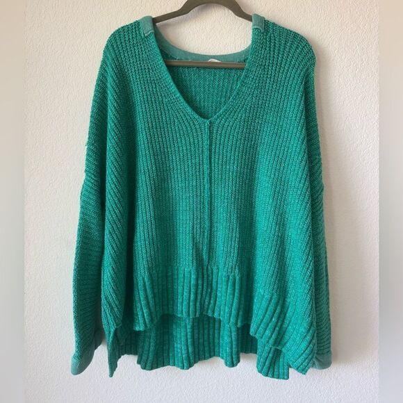 Free People Oversized V-Neck Sweater Sz XS/S Kelly Green Chunky Knit Pullover - Picture 3 of 10